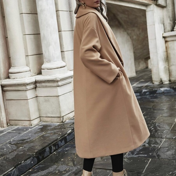 camel tan button long fall trench pea coat fall - Picture 6 of 7